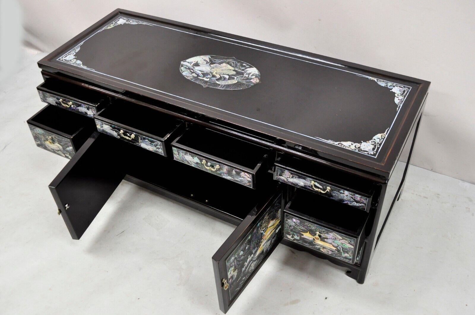 Chinoiserie Vintage Korean Figural Mother of Pearl Inlay Black Lacquer Low Cabinet