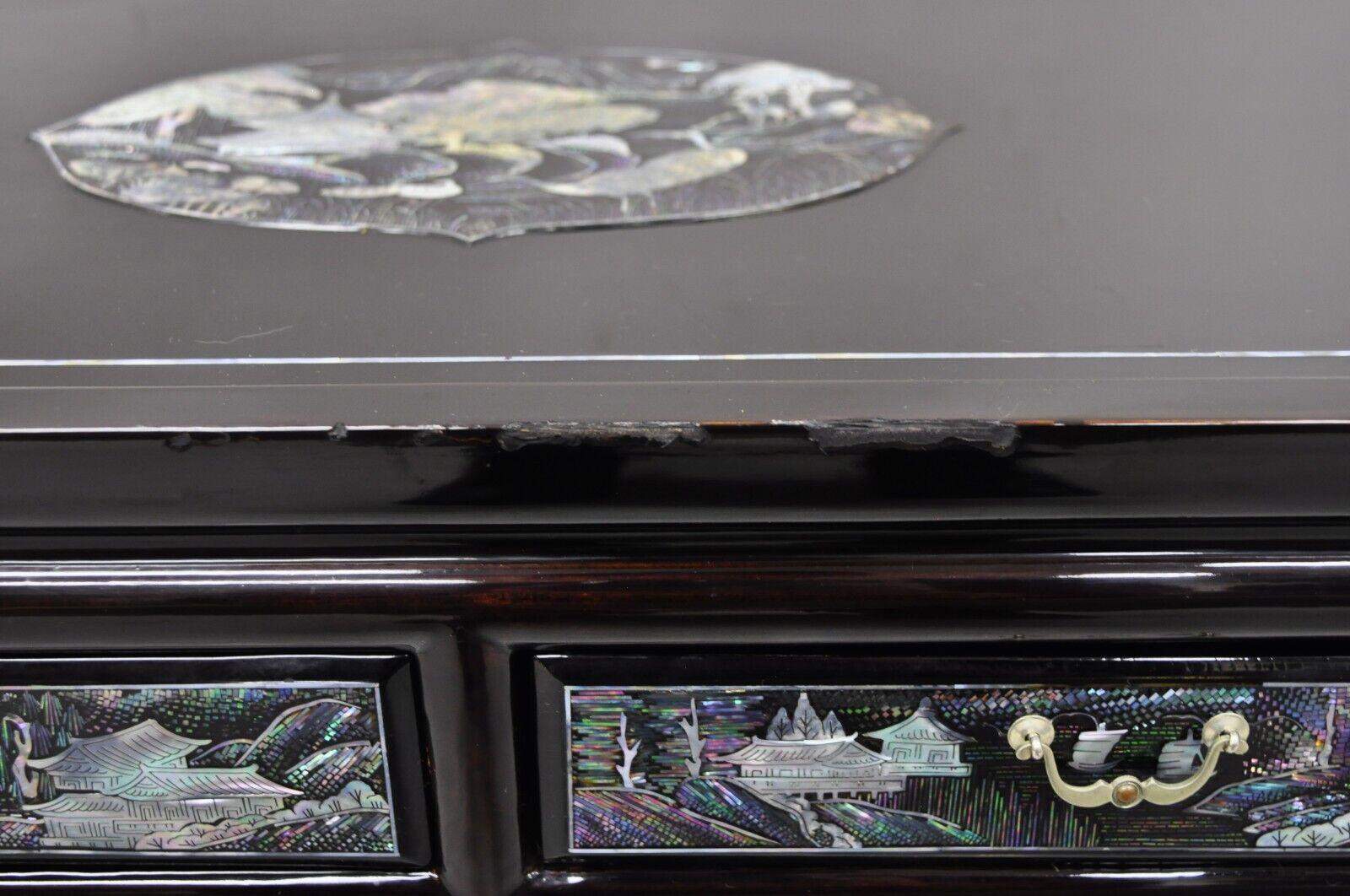 20th Century Vintage Korean Figural Mother of Pearl Inlay Black Lacquer Low Cabinet