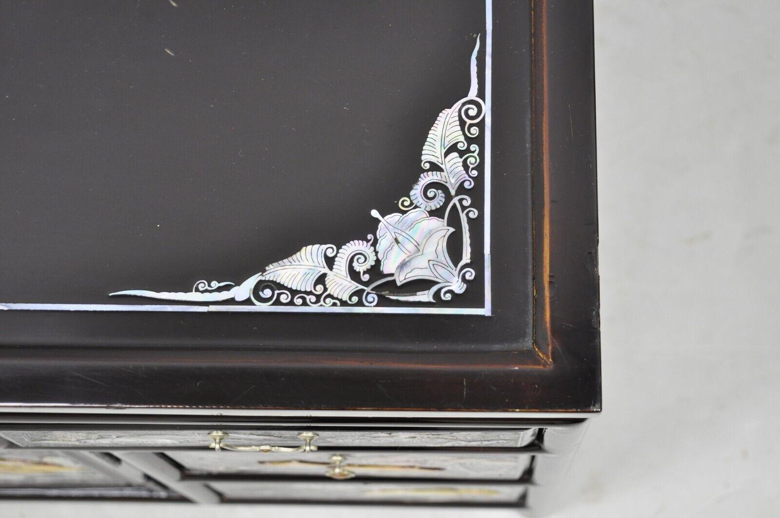 Mother-of-Pearl Vintage Korean Figural Mother of Pearl Inlay Black Lacquer Low Cabinet