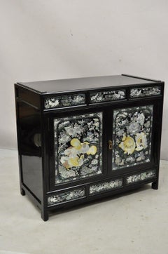 Vintage Korean Mother of Pearl Oriental Black Lacquer Oriental Cabinet
