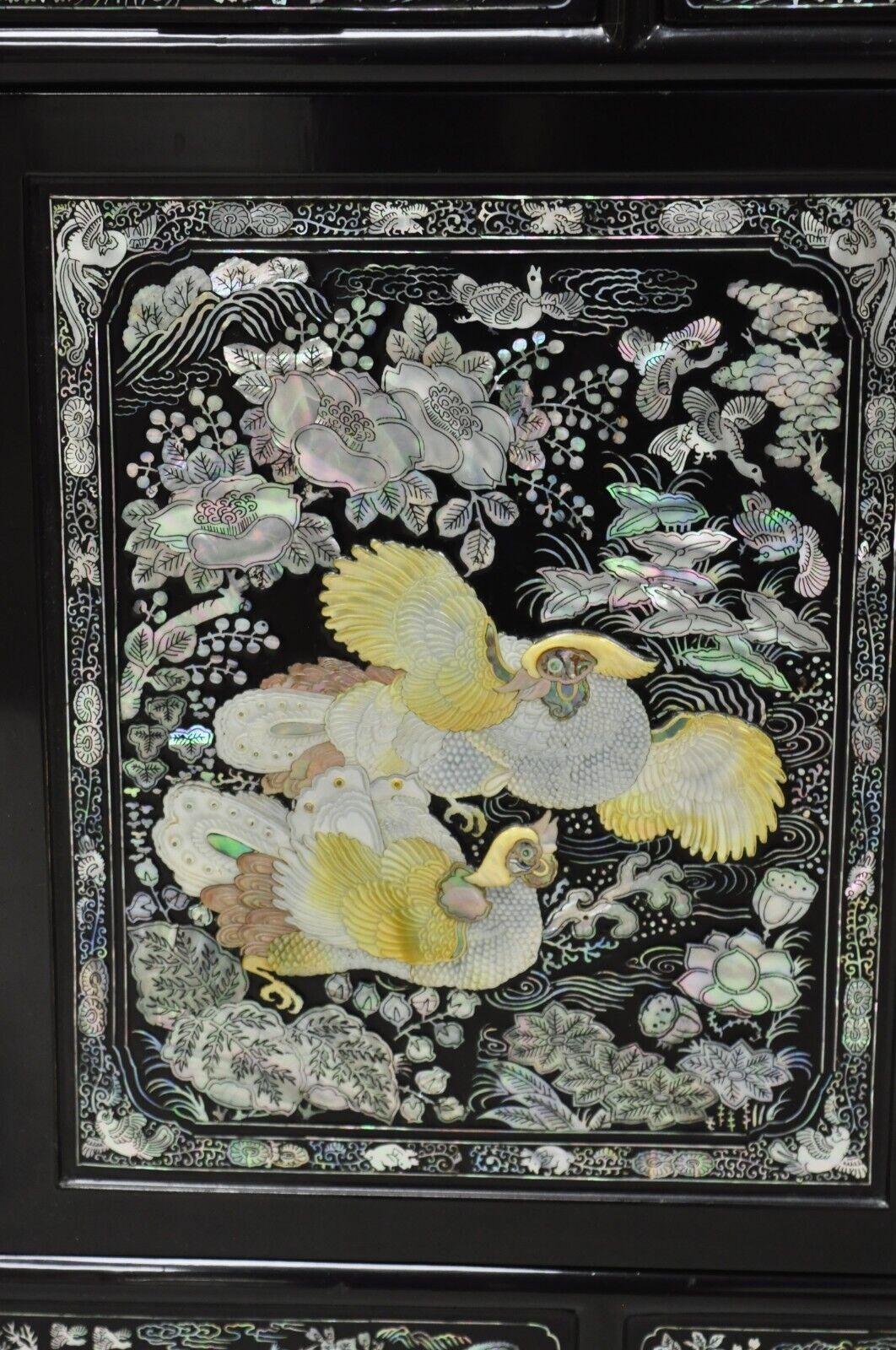 Chinese Export Vintage Korean Mother of Pearl Oriental Black Lacquer Oriental Cabinet