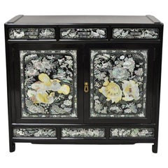 Vintage Korean Mother of Pearl Oriental Black Lacquer Oriental Cabinet