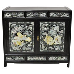 Vintage Korean Mother of Pearl Oriental Black Lacquer Oriental Cabinet