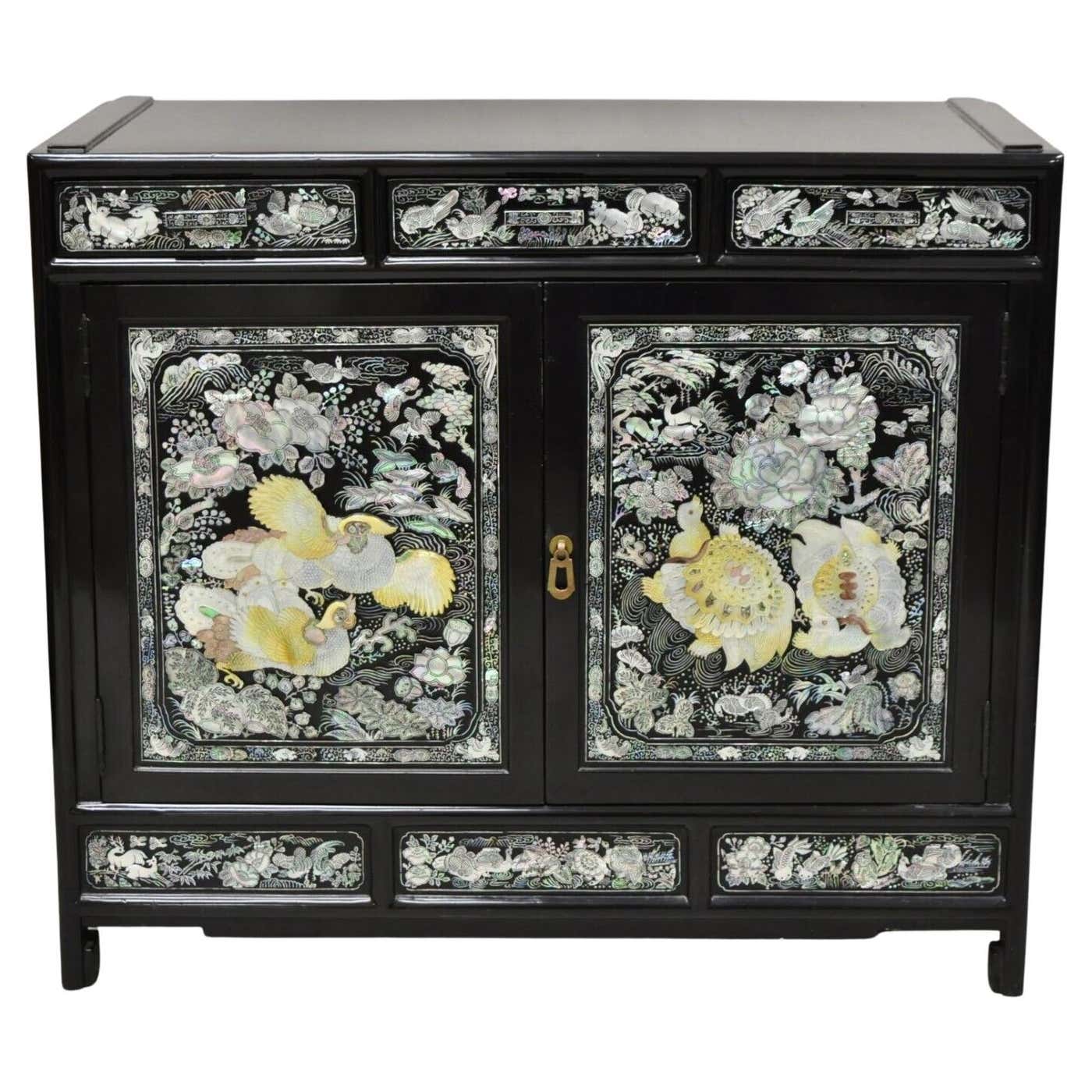 Japanese Shell Inlay Picture Vintage Korean Mother of Pearl Oriental Black Lacquer Oriental Cabinet ...