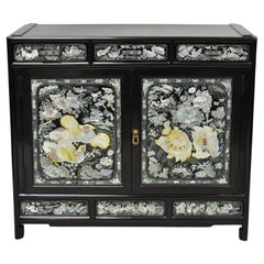 Vintage Korean Mother of Pearl Oriental Black Lacquer Oriental Cabinet