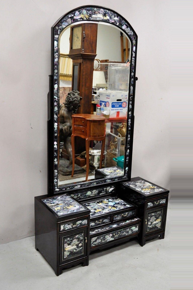 Vintage Korean Mother of Pearl Oriental Lacquer Low Vanity Table with