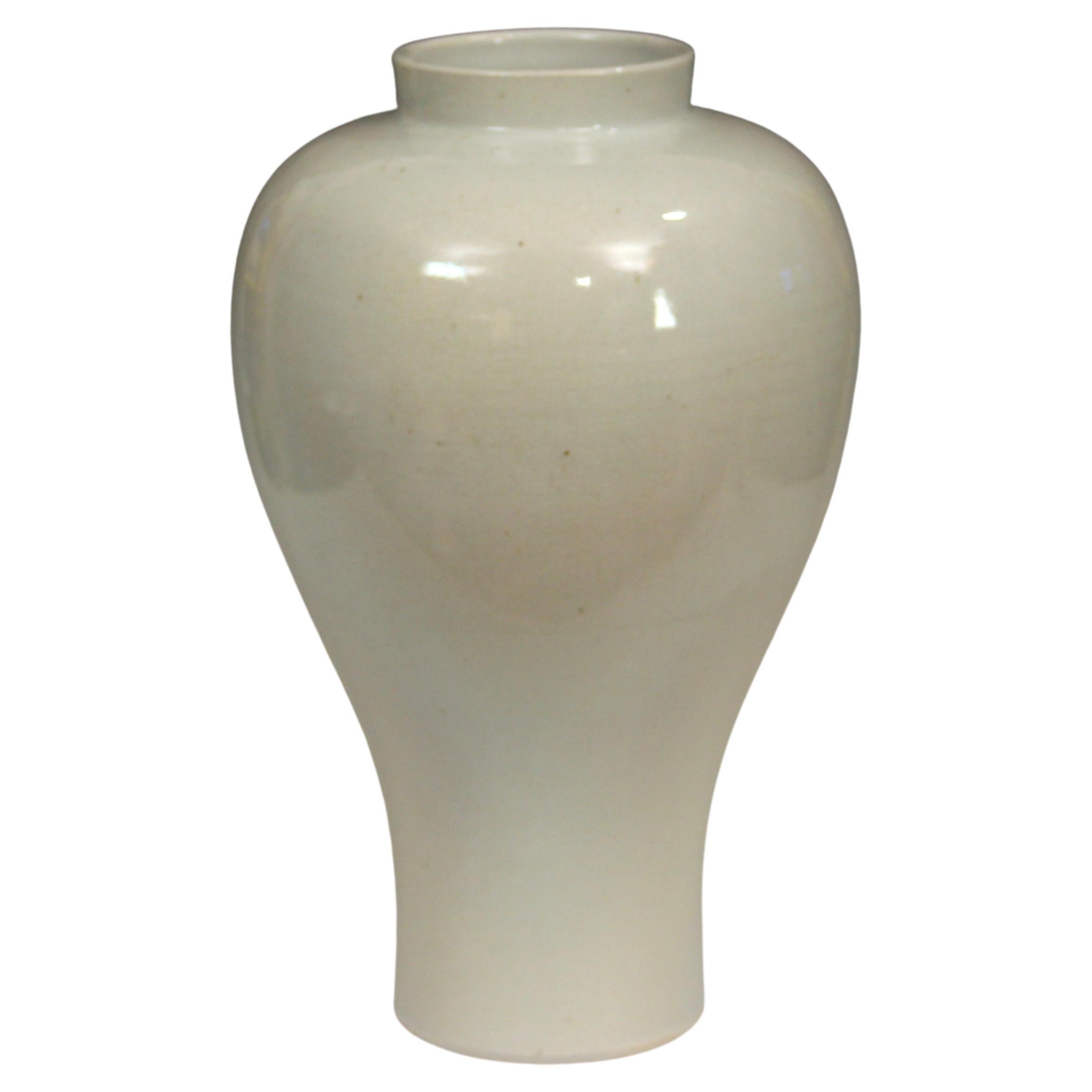 Korean Studio Porcelain Large Moon White Vase Carved Slip Peony Scroll
