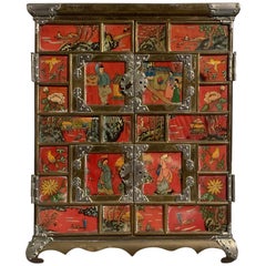 Vintage Korean Reverse Painted Ox Horn Brass Jewelry Cabinet, 1940s