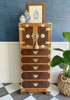 Vintage Korean Tansu-Style Cabinet Lingerie Dresser  Burl Wood & Brass Chest