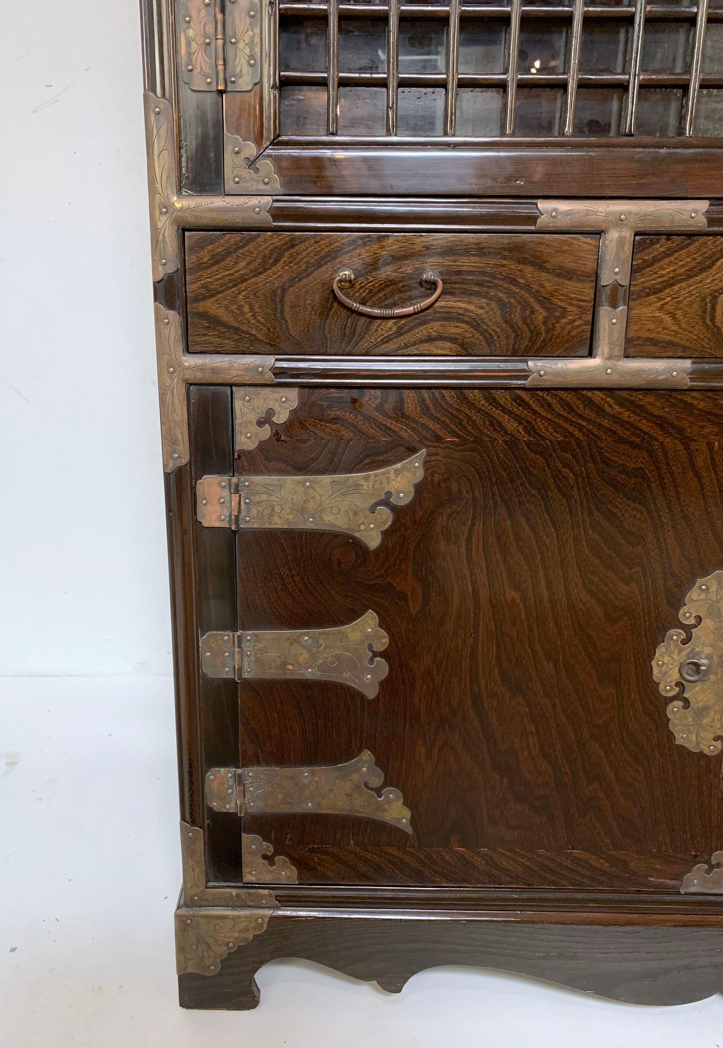 Vintage Korean Two-Piece Display Cabinet with Latticed Mullions In Good Condition In Peabody, MA