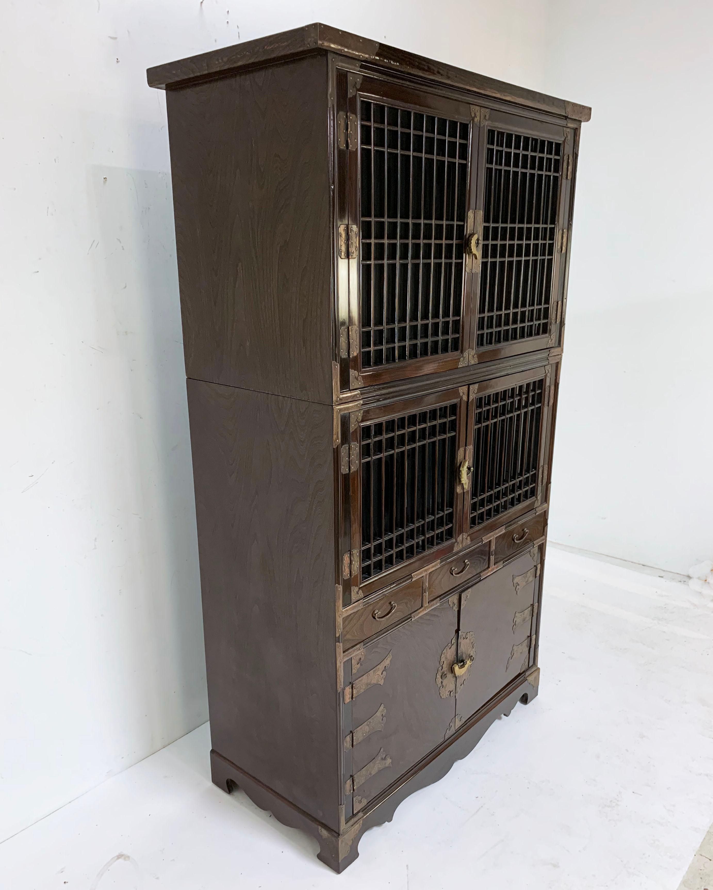 20th Century Vintage Korean Two-Piece Display Cabinet with Latticed Mullions