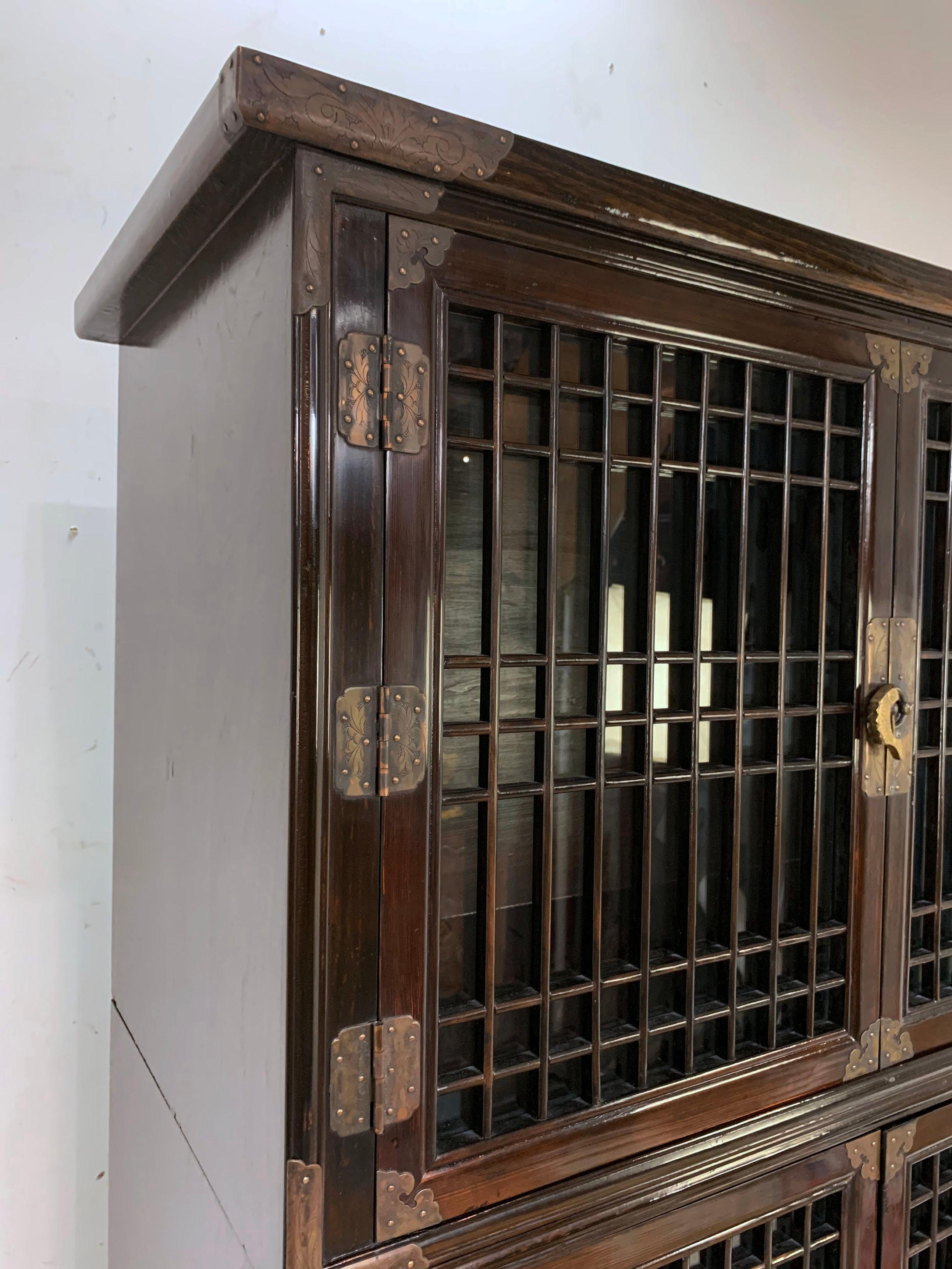 Vintage Korean Two-Piece Display Cabinet with Latticed Mullions 1