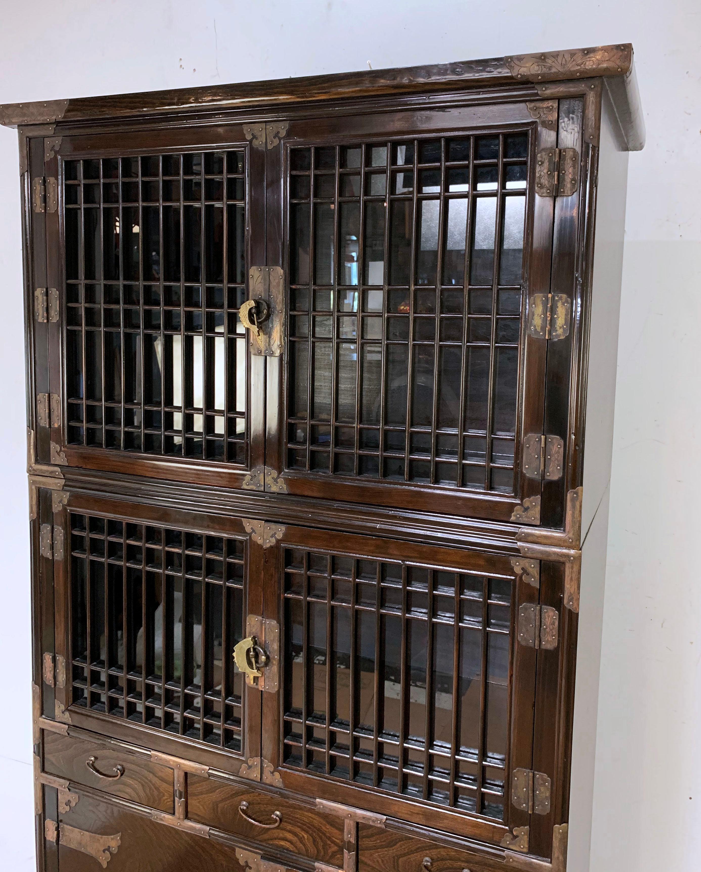 Vintage Korean Two-Piece Display Cabinet with Latticed Mullions 2