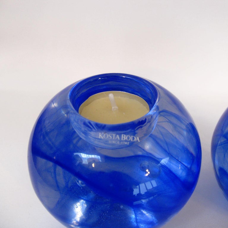 Contemporary Vintage Kosta Boda Blue Art Glass Pair of Tea Light Candleholders, Votives