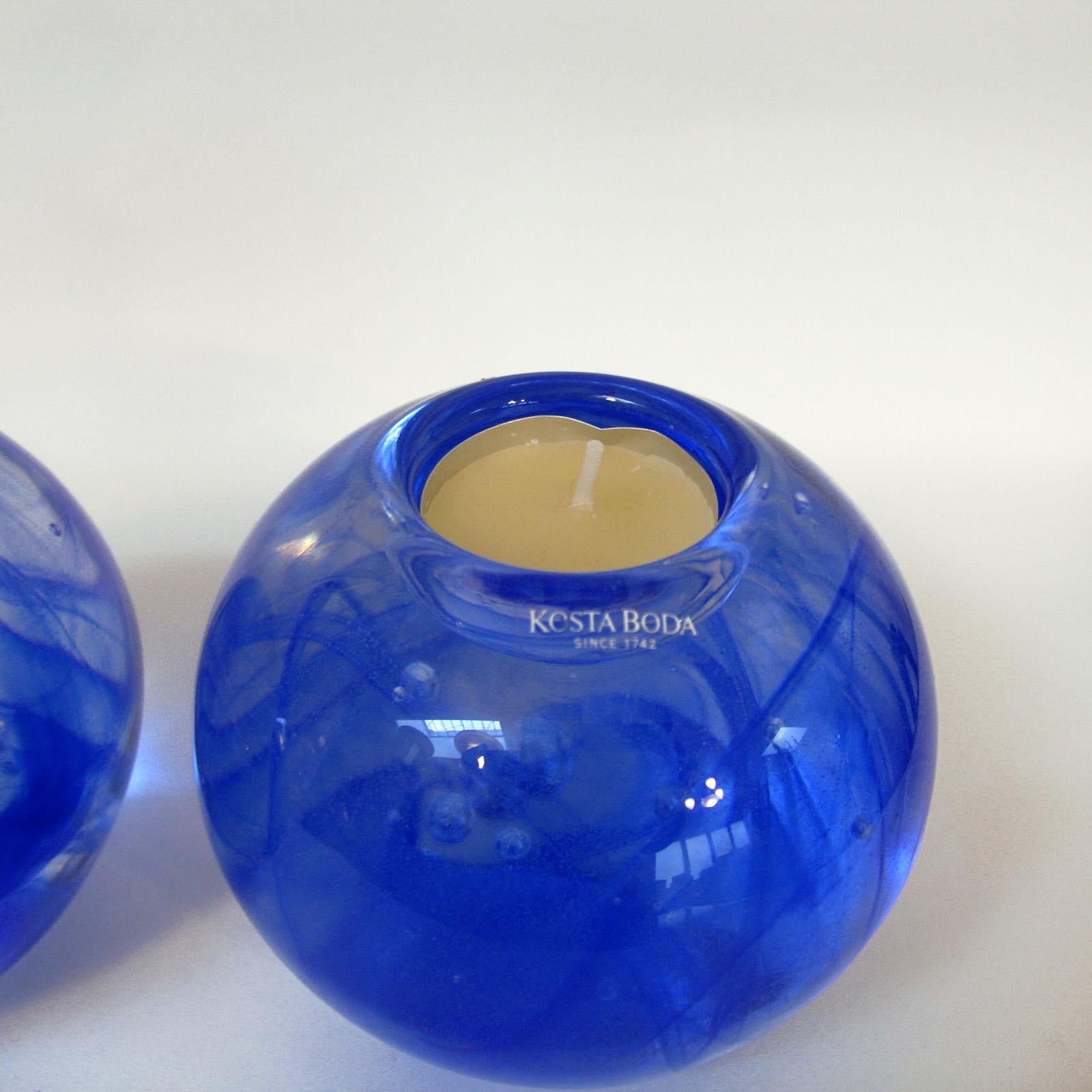 Swedish Vintage Kosta Boda Blue Art Glass Pair of Tea Light Candleholders, Votives