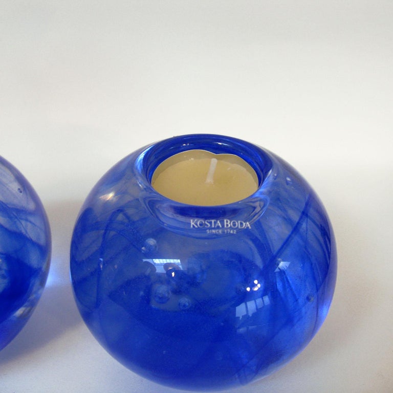 Vintage Kosta Boda Blue Art Glass Pair of Tea Light Candleholders, Votives 1