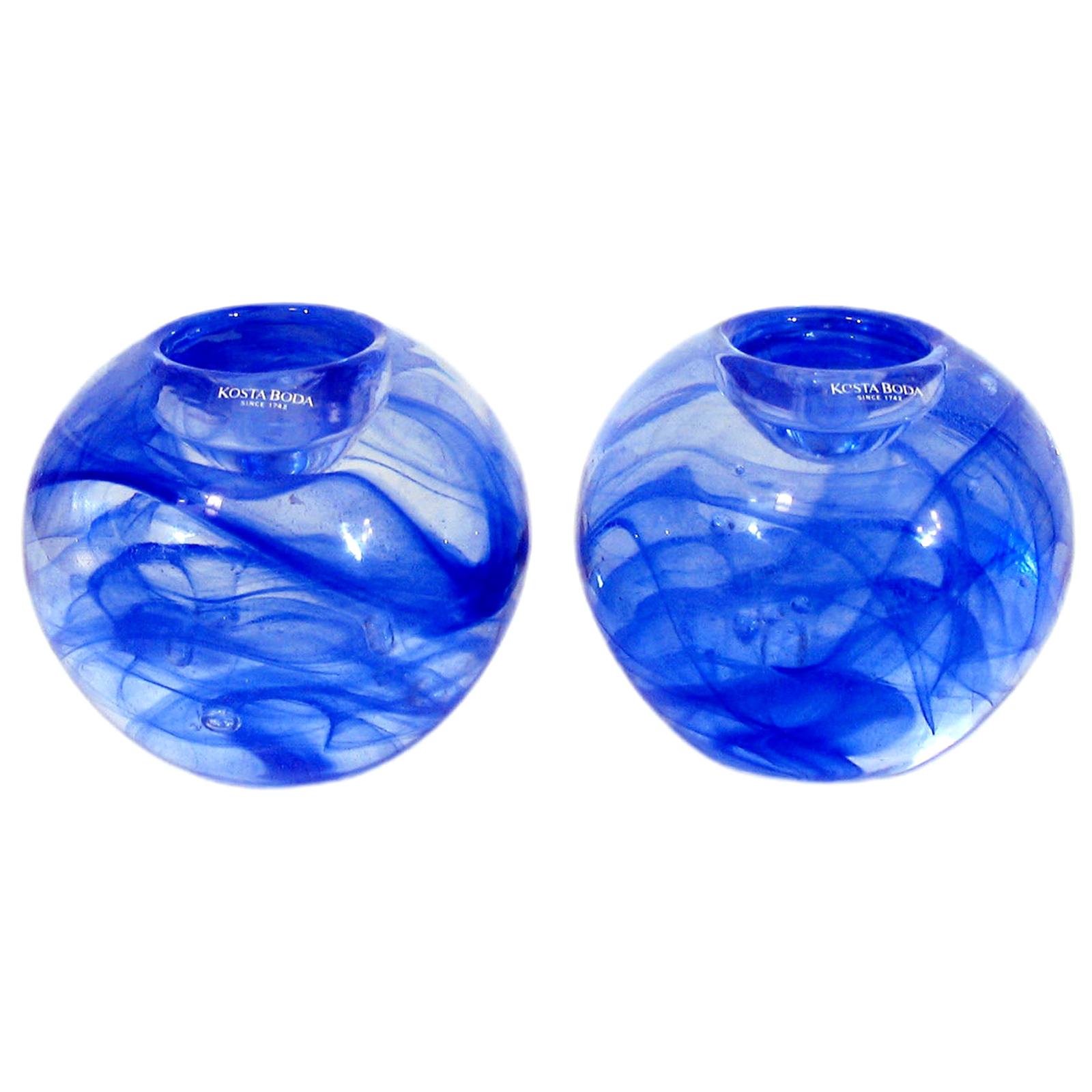 Vintage Kosta Boda Blue Art Glass Pair of Tea Light Candleholders, Votives