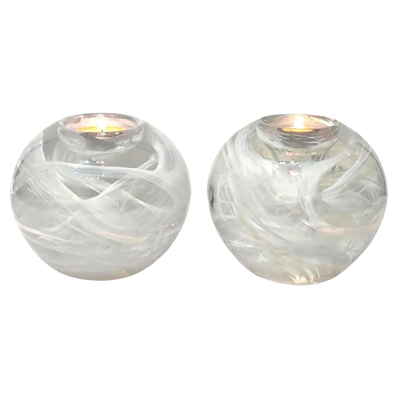 Vintage Kosta Boda White Swirl Art Glass Pair of Candleholders, Votives
