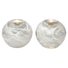 Vintage Kosta Boda White Swirl Art Glass Pair of Candleholders, Votives