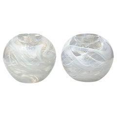 Vintage Kosta Boda White Swirl Art Glass Pair of Candleholders, Votives