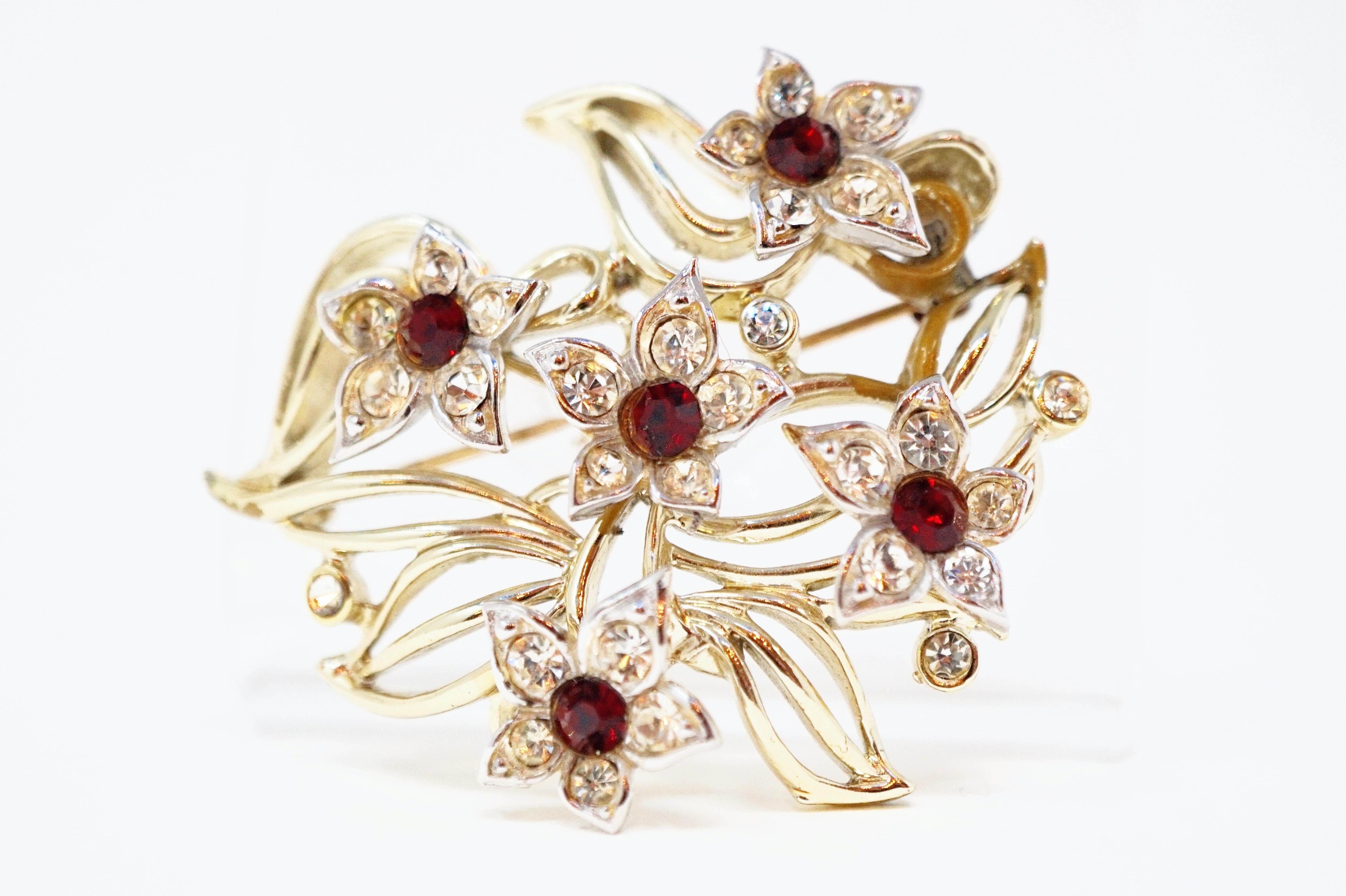 Women's Vintage Kramer Floral Brooch with Ruby Rhinestones, Signed, circa 1940s For Sale