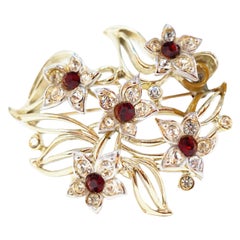 Used Kramer Floral Brooch with Ruby Rhinestones, Signed, circa 1940s