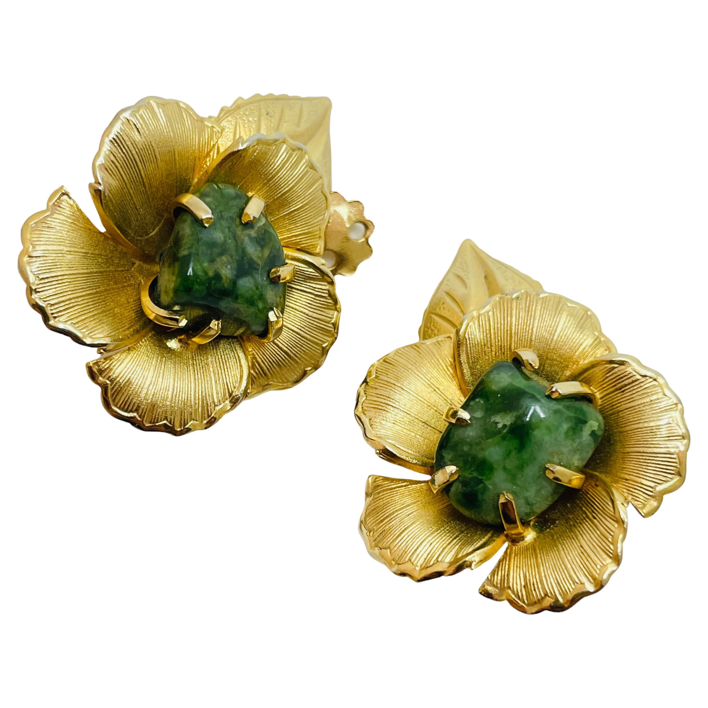 Vintage KRAMER gold jade flower clip on designer earrings For Sale