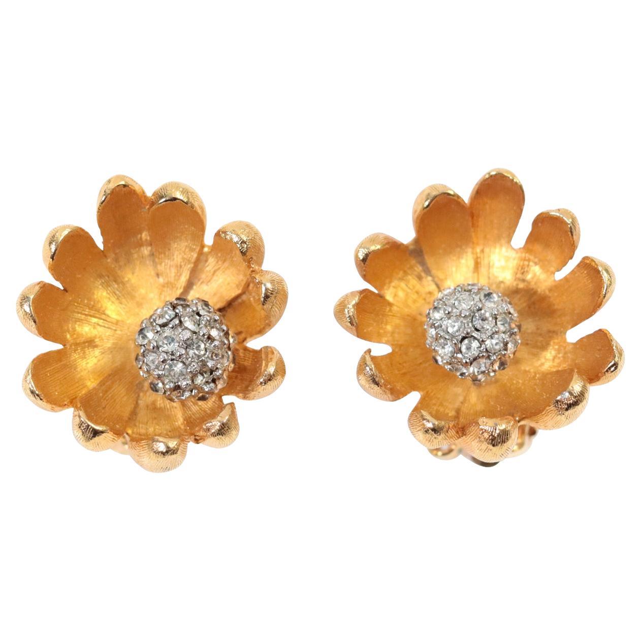 Vintage Kramer Gold Tone Flower with Pave Circa 1970s
