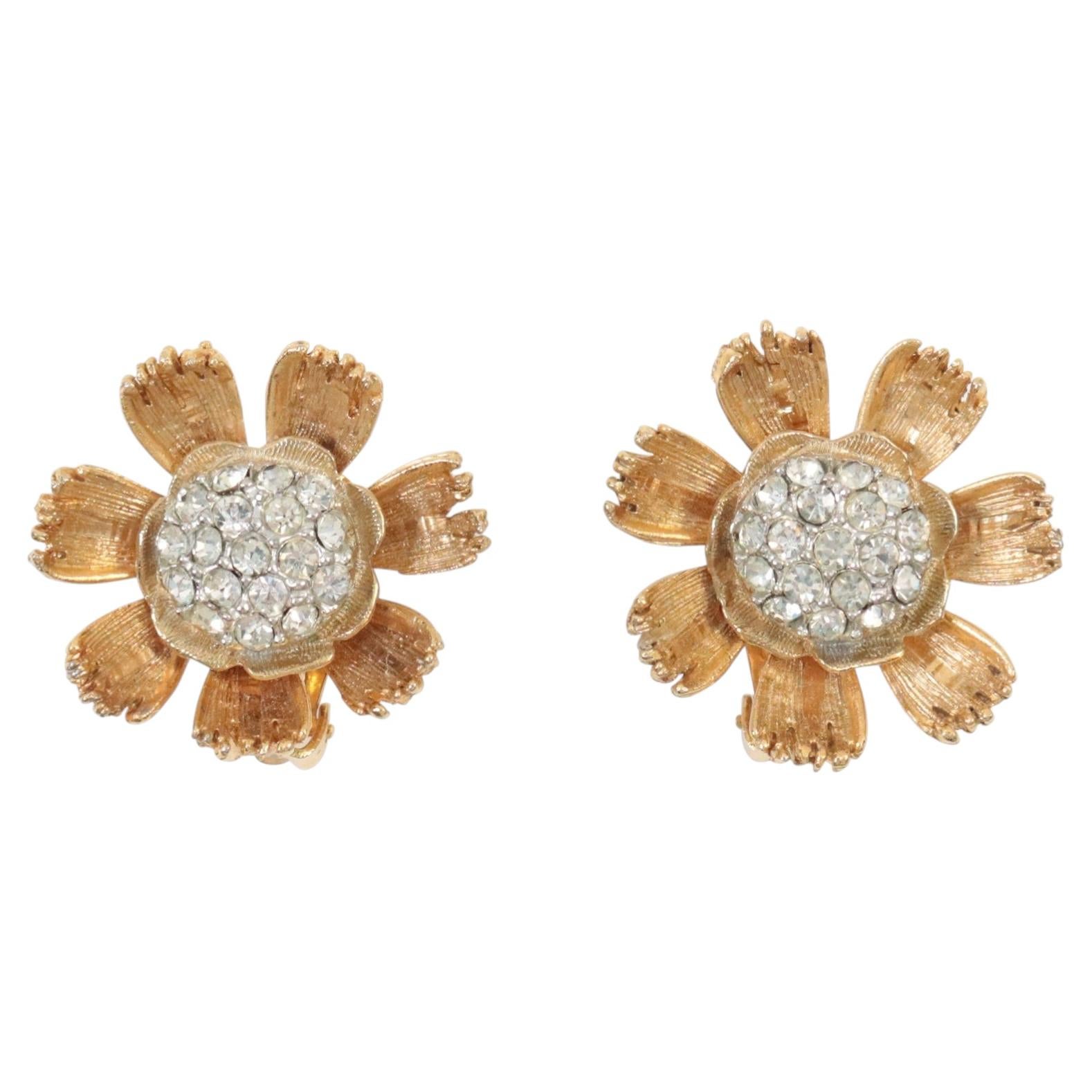 Vintage Kramer Gold Tone Pave Flower Clip-On Earrings, Circa 1960s For Sale