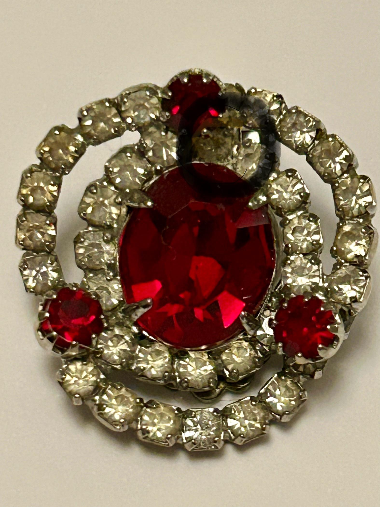 Vintage Kramer Necklace Brooch & Earrings Red Crystal Set 3