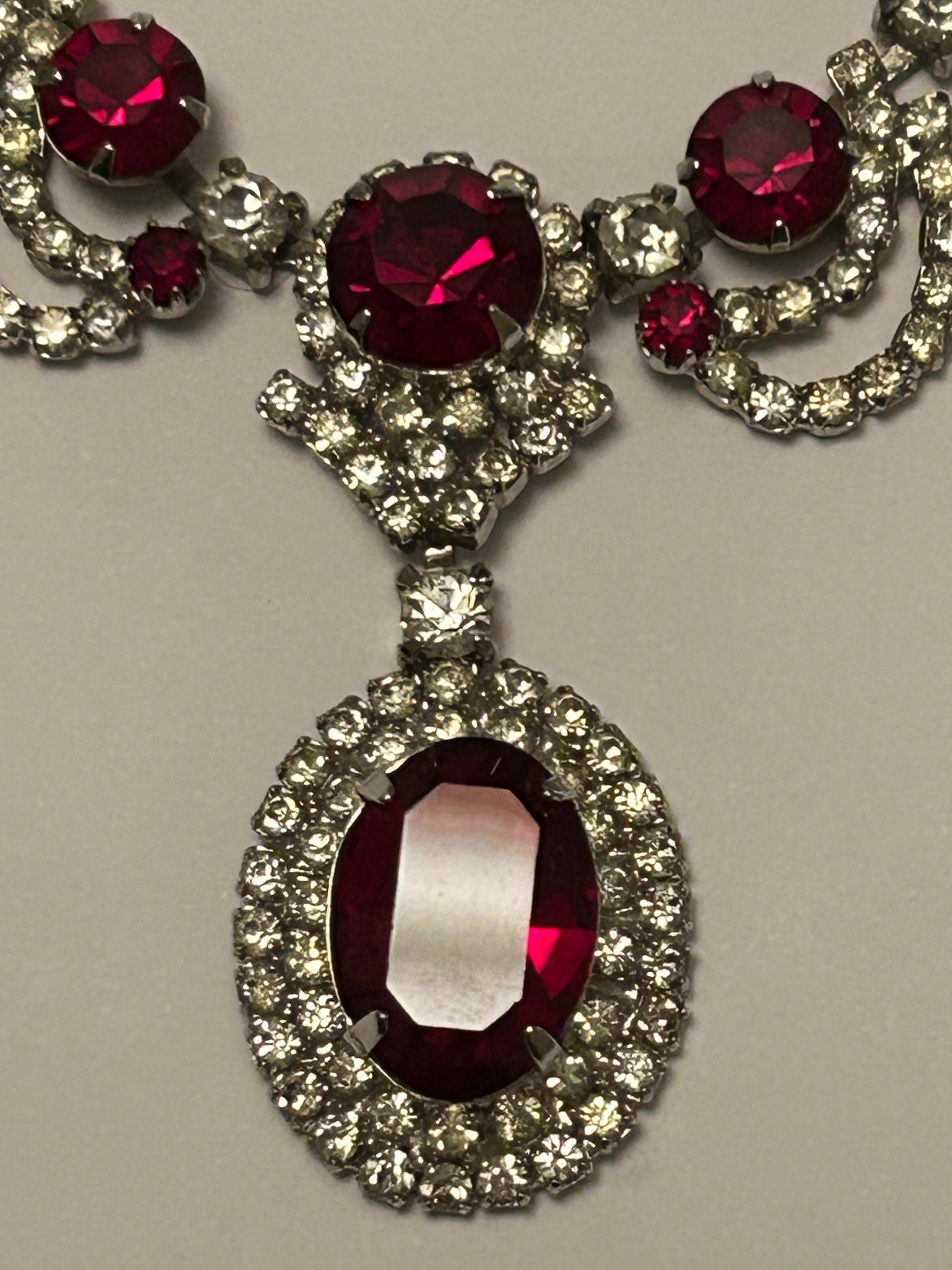 Oval Cut Vintage Kramer Necklace Brooch & Earrings Red Crystal Set For Sale