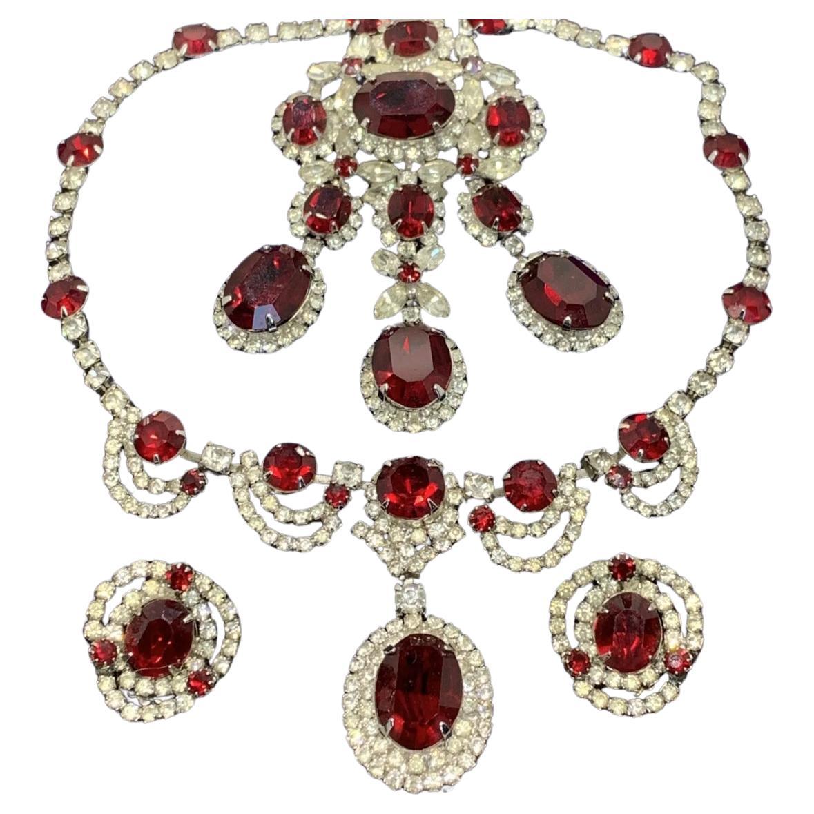 Vintage Kramer Necklace Brooch & Earrings Red Crystal Set For Sale