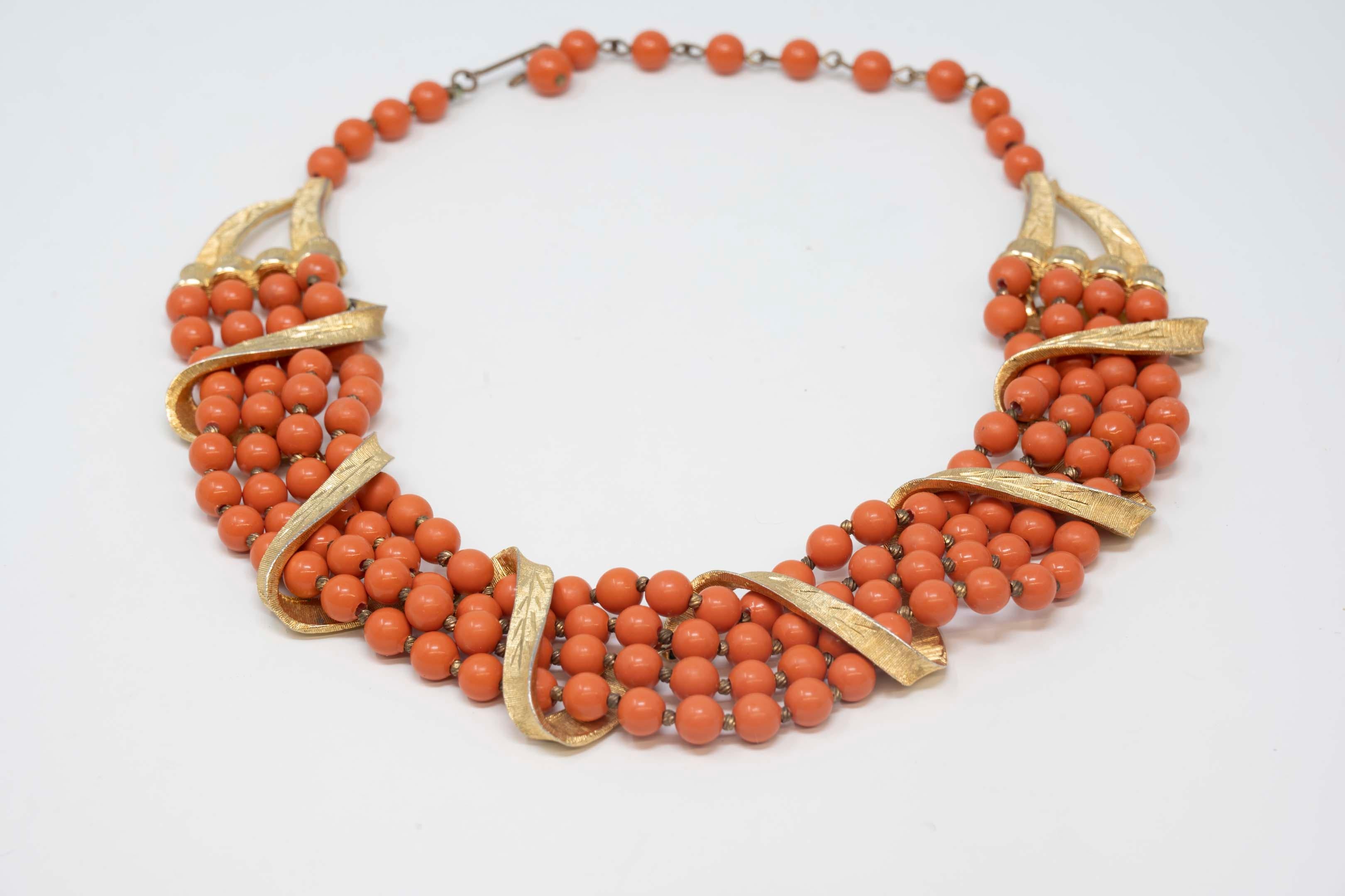 Women's Vintage Kramer Necklace Gilt Metal and Coral Color Beads For Sale