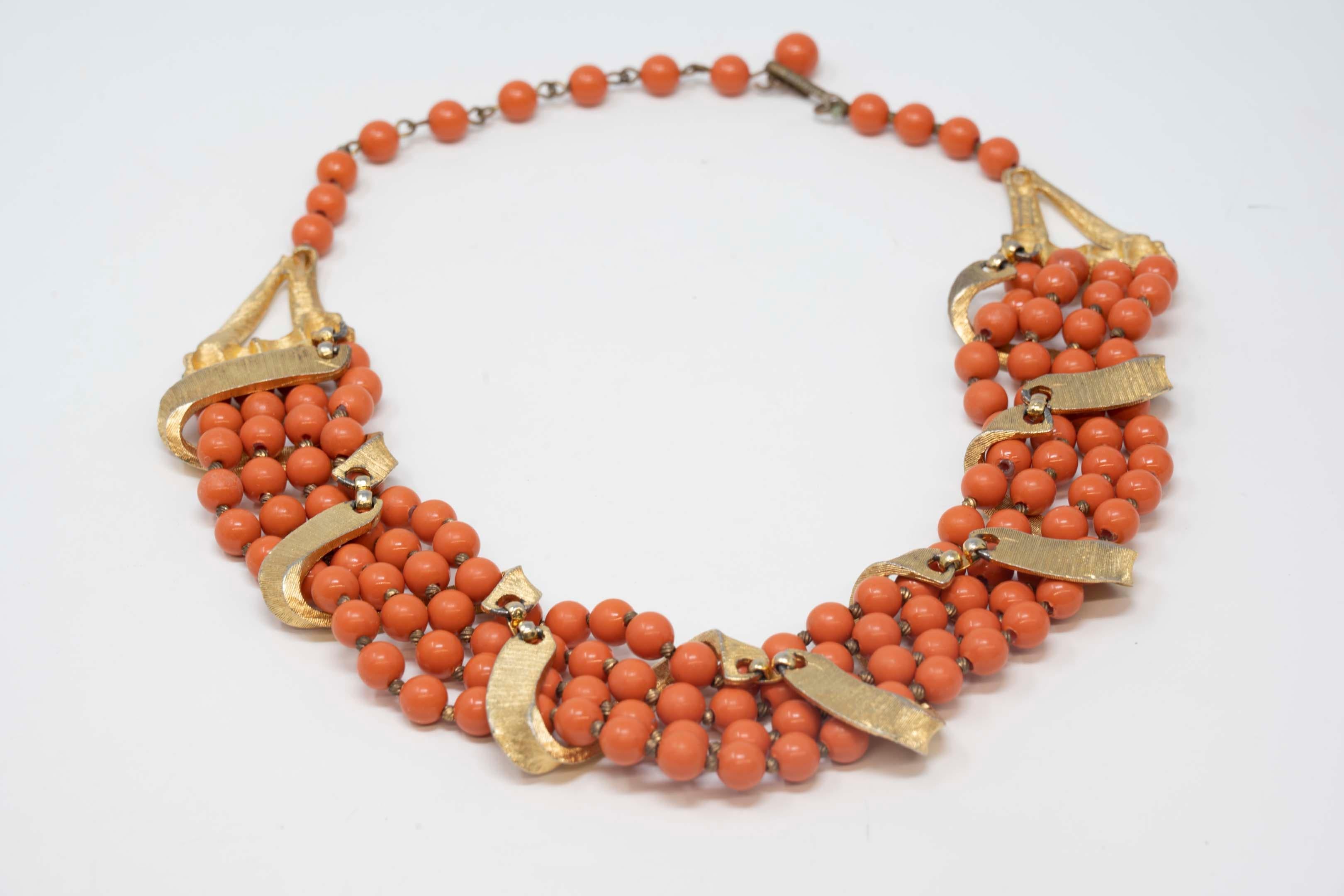 Vintage Kramer Necklace Gilt Metal and Coral Color Beads For Sale 1