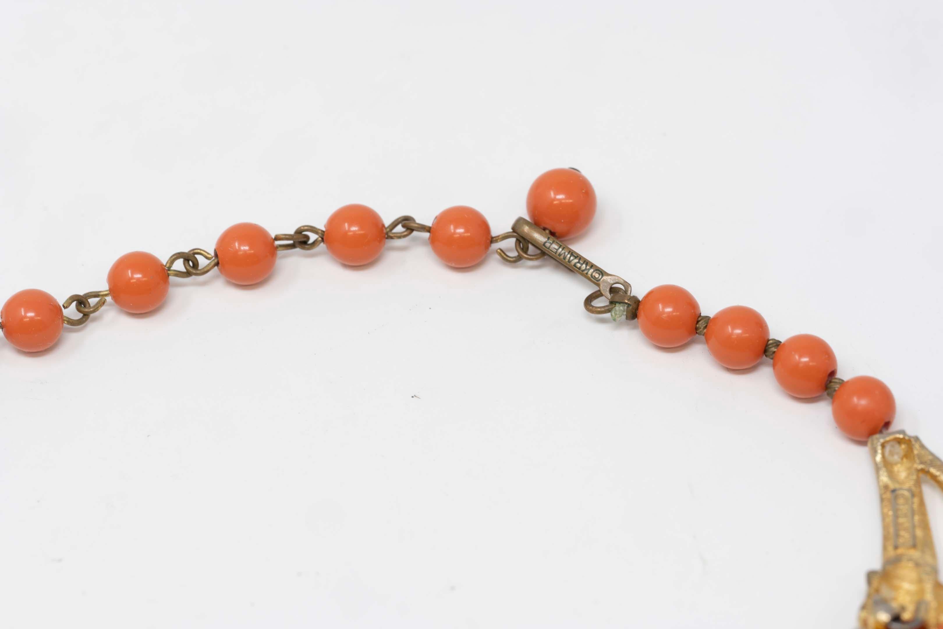Vintage Kramer Necklace Gilt Metal and Coral Color Beads For Sale 2