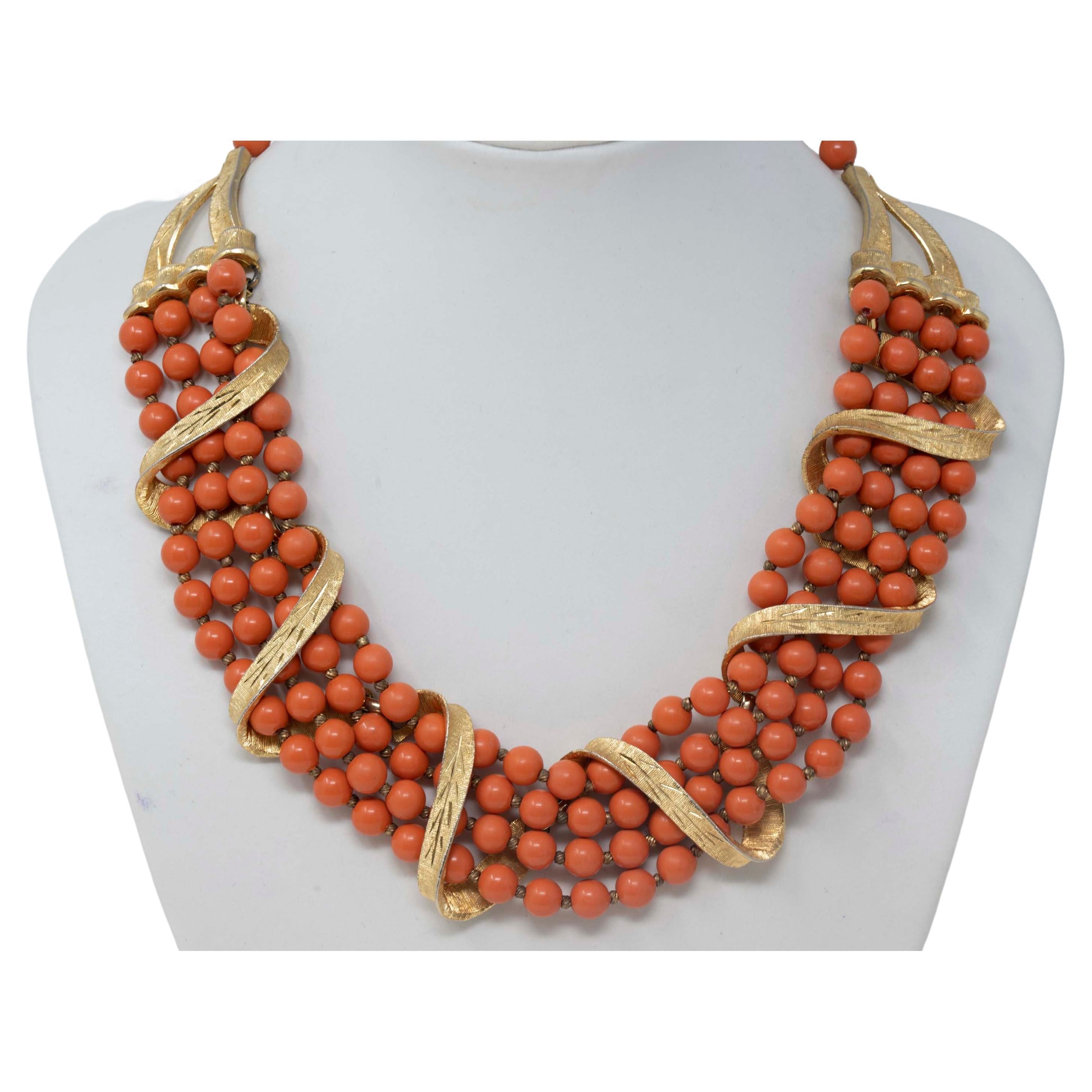 Vintage Kramer Necklace Gilt Metal and Coral Color Beads For Sale