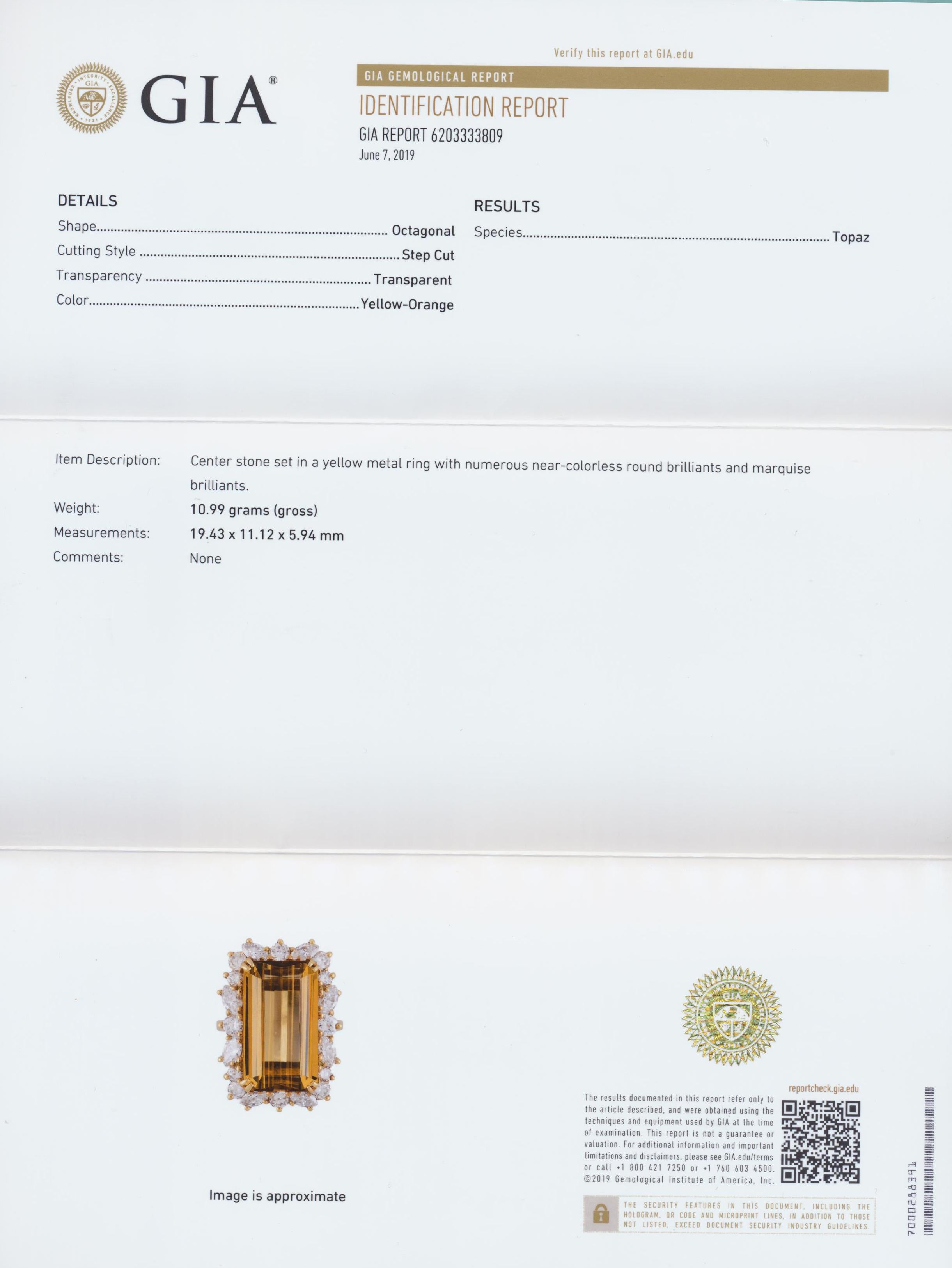 Vintage Krementz 12ct Imperial Topaz Marquise Diamond Ring 18K Gold GIA Cert en venta 4