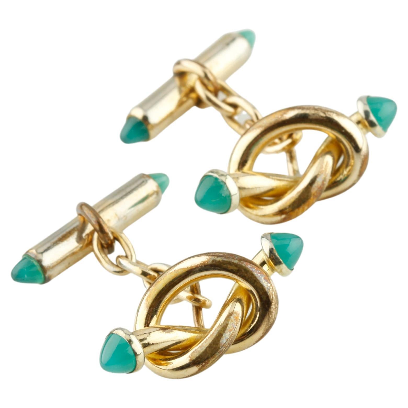 Krementz & Co. Boutons de manchette à nœuds vintage en or 14 carats et jade
