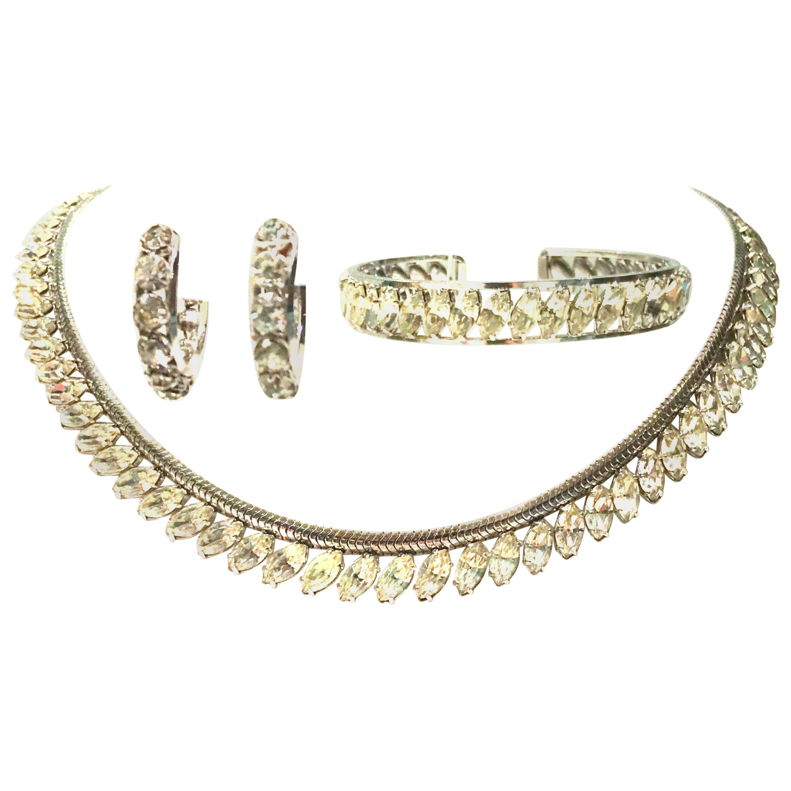Vintage Krementz White Gold & Austrian Crystal, Necklace, Bracelet, Earrings S/4 For Sale