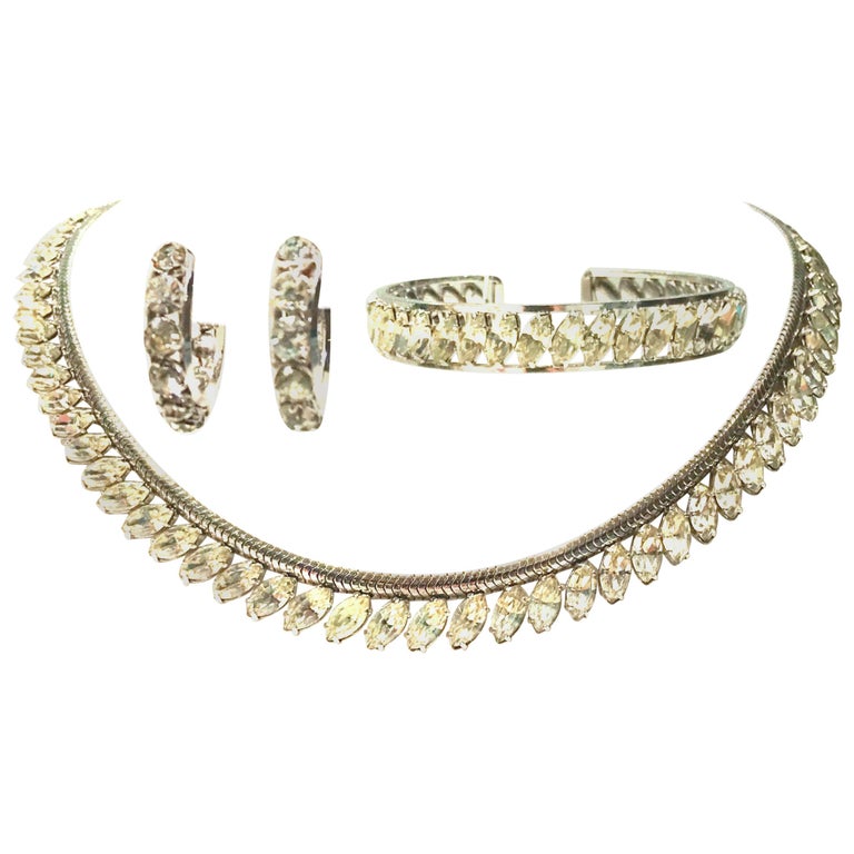 Vintage Krementz White Gold and Austrian Crystal, Necklace, Bracelet,  Earrings S/4 For Sale at 1stDibs