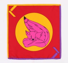 Pañuelo de bolsillo de seda con estampado de zorro de colores brillantes Vintage KRIZIA