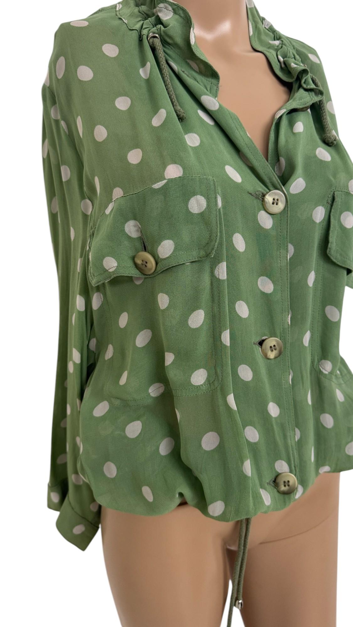 Vintage Krizia Studio Green Polka Dot Blouse with Drawstring Hem en vente 5