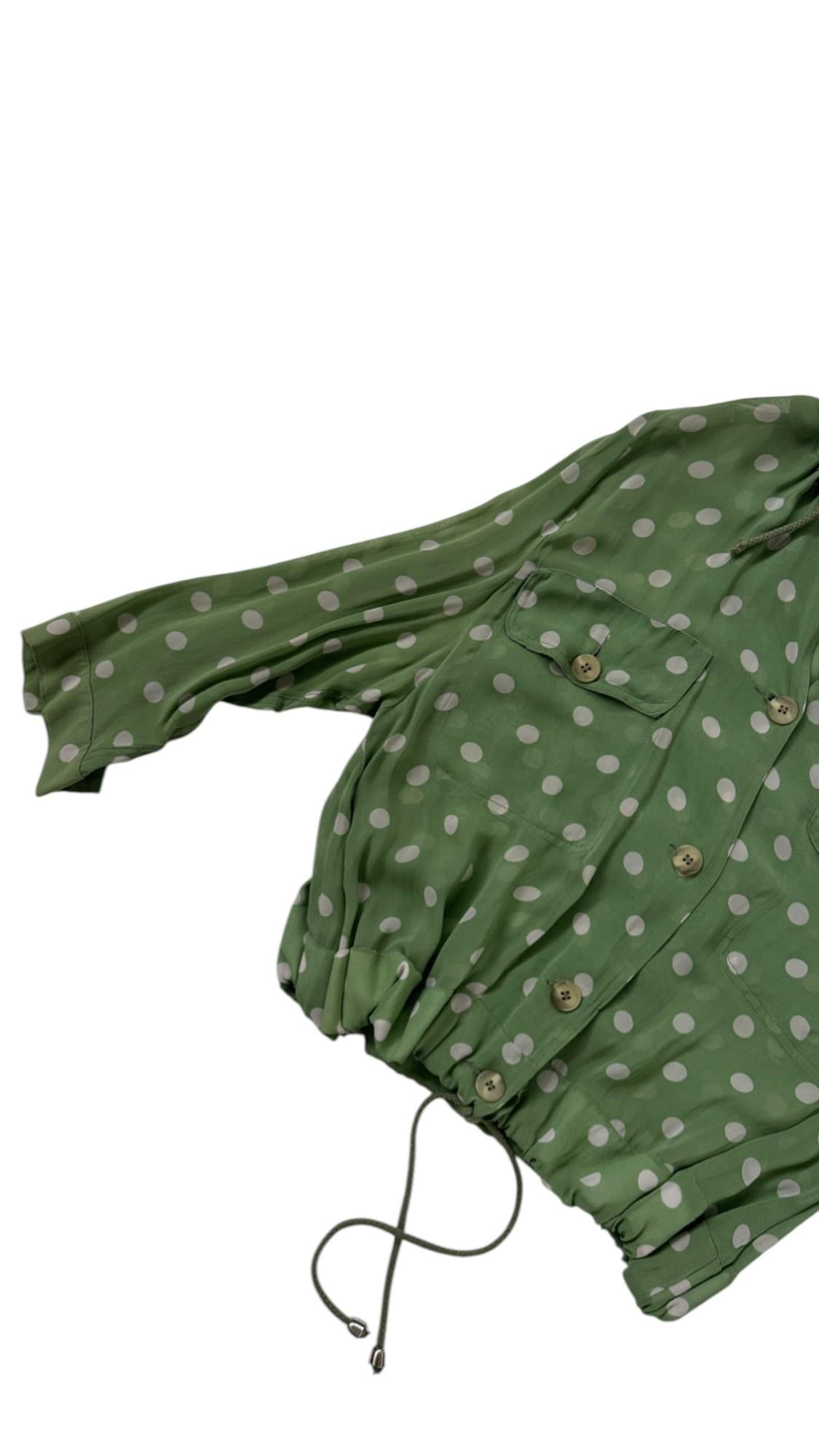 Black Vintage Krizia Studio Green Polka Dot Blouse with Drawstring Hem en vente