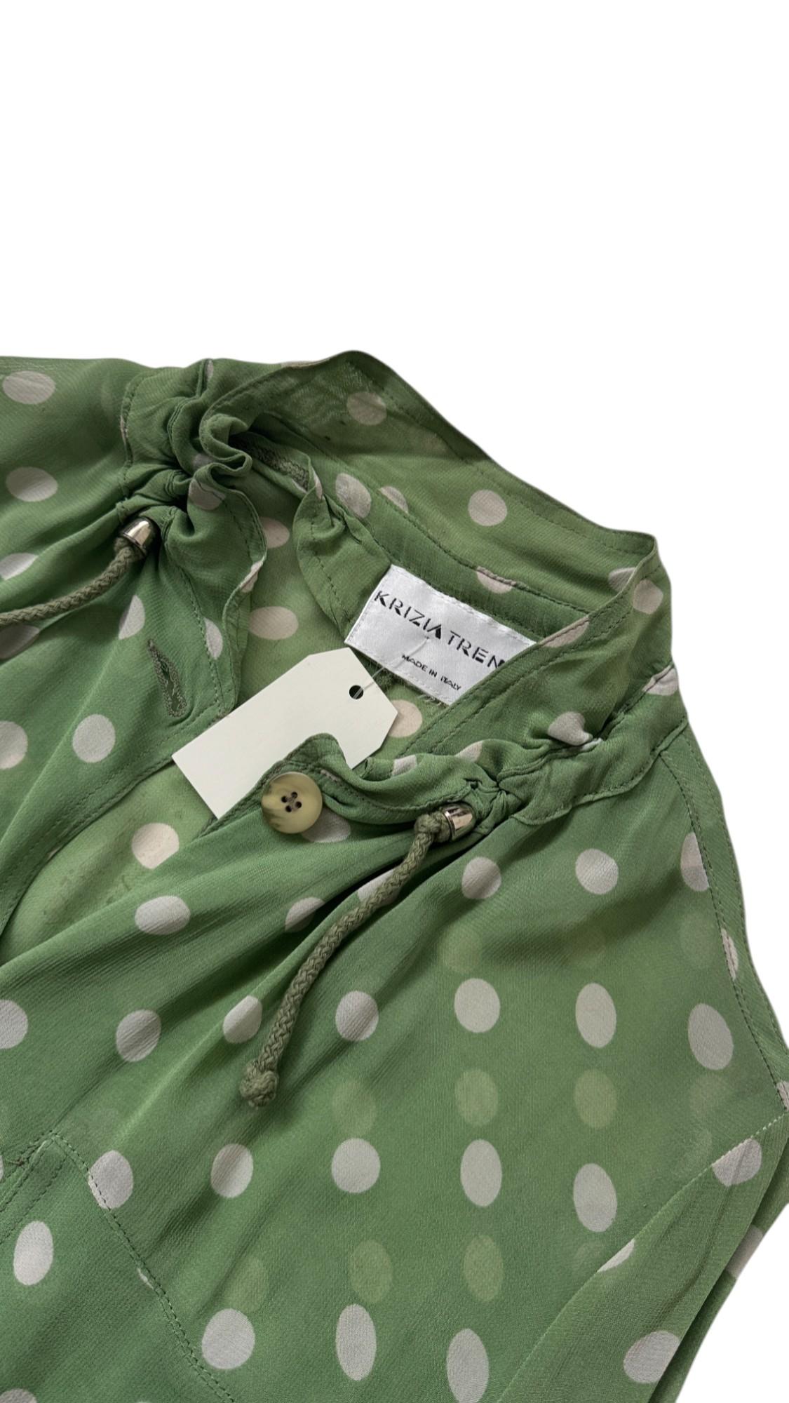 Vintage Krizia Studio Green Polka Dot Blouse with Drawstring Hem en vente 1