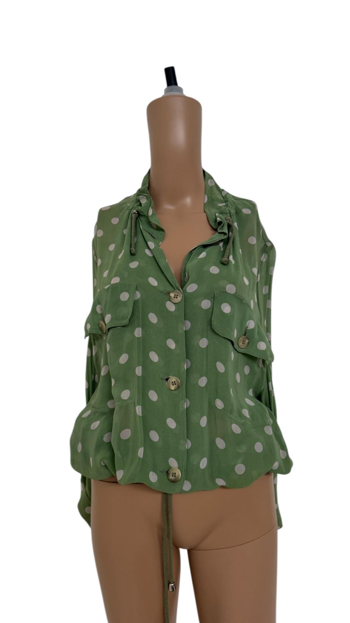 Vintage Krizia Studio Green Polka Dot Blouse with Drawstring Hem en vente 3