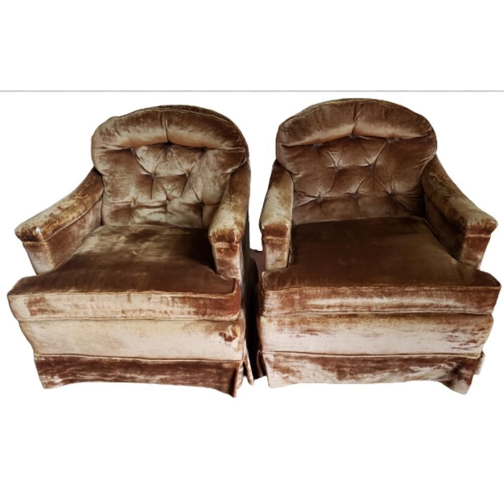 Kroehler Signature Designs mid century lounge chairs Club chairs.
Stylish pair of vintage cube form club chairs circa 1950s by Kroehler. Manufacturing these chairs are in original velvet upholstery, in mustard color. Both are in very clean