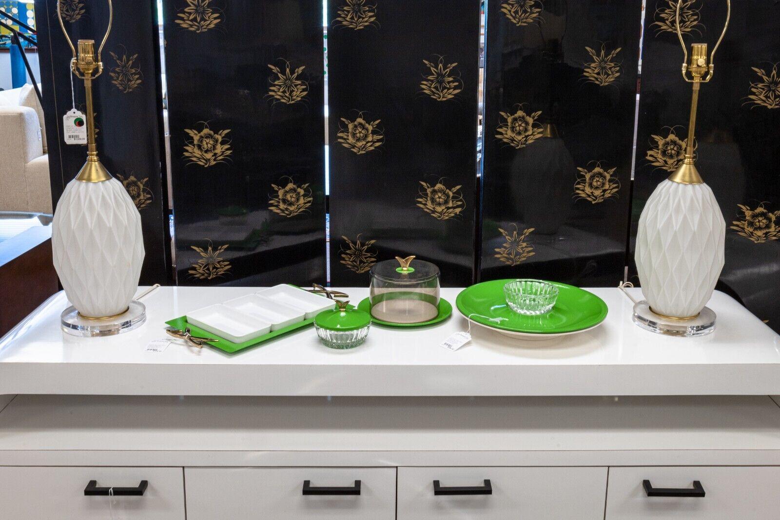 A vintage set of Kromex green and white, glass & brass serving set. This lovely little dining set includes a three piece serving platter tray, a smoked-covered serving plate, a small covered glass serving bowl, and a rotating serving platter. This