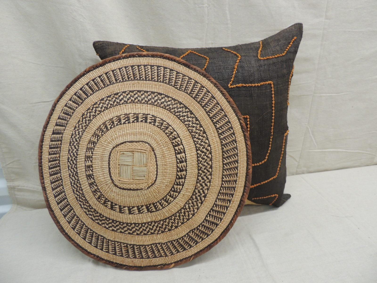 Tribal Vintage Kuba Orange and Black Handwoven Patchwork African Decorative Pillow