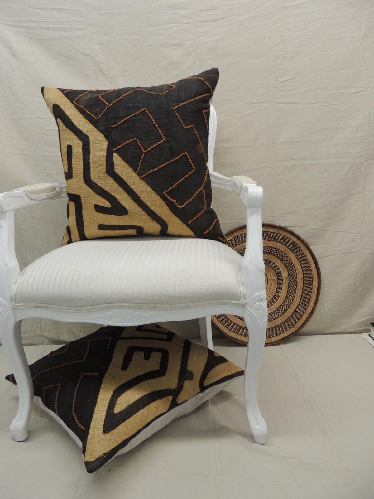 Vintage Kuba Orange and Black Handwoven Patchwork African Decorative Pillow In Good Condition In Oakland Park, FL