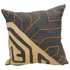 Vintage Kuba Orange and Black Handwoven Patchwork African Decorative Pillow